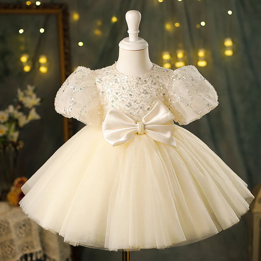 BABY GIRL CHAMPAGNE BOW SEQUINS PUFFY BIRTHDAY PRINCESS DRESS