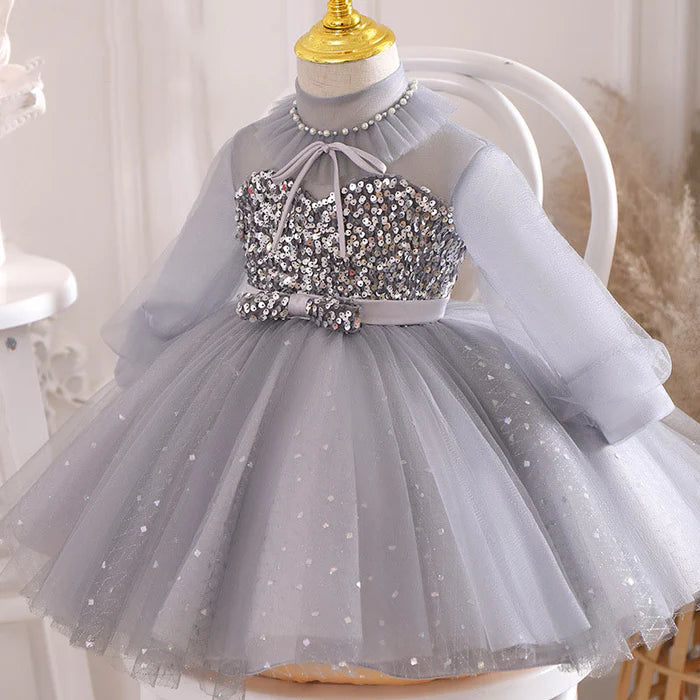 GIRLS BIRTHDAY PARTY DRESS LONG SLEEVE SEQUIN FLOWER GIRL PUFFY PAGEANT PRINCESS DRESS