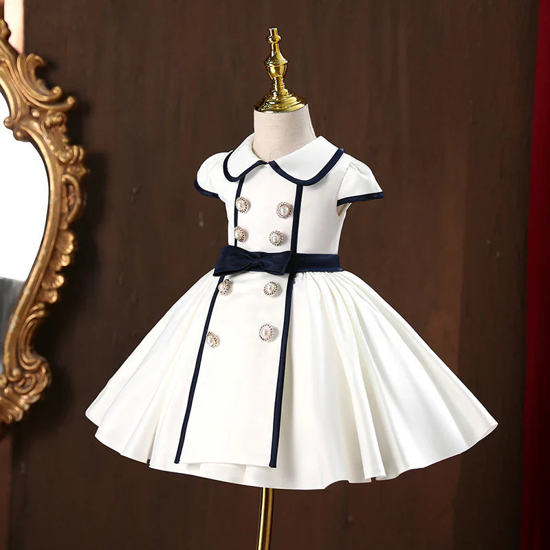 GIRL FORMAL PRINCESS DRESSES BABY GIRL WHITE ELEGANT BUTTON BIRTHDAY PARTY DRESS