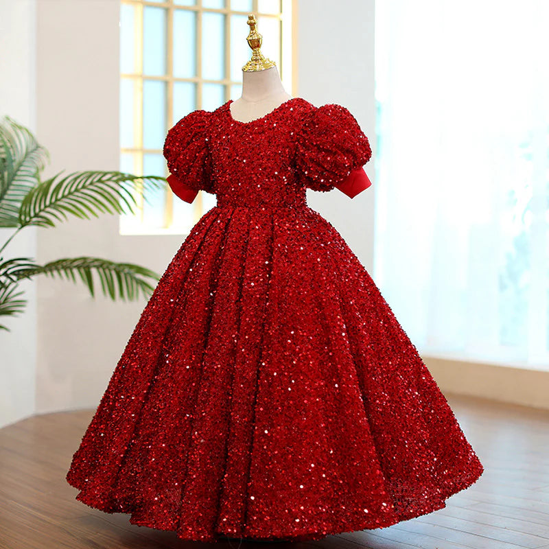 GIRL CHRISTMAS DRESS FIRST COMMUNION DRESS RED SEQUIN ROUND NECK BIRTHDAY PARTY PRINCESS DRESS