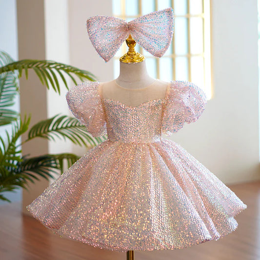 BABY GIRL PAGEANT PRINCESS DRESSES TODDLER SUMMER ELEGANT PINK SEQUIN BOW BIRTHDAY PARTY DRESS