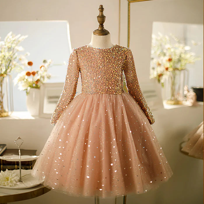 GIRL FORMAL PRINCESS DRESS BABY GIRL LONG SLEEVE CUTE BOW KNOT SEQUIN DRESS TODDLER BIRTHDAY PARTY DRESS