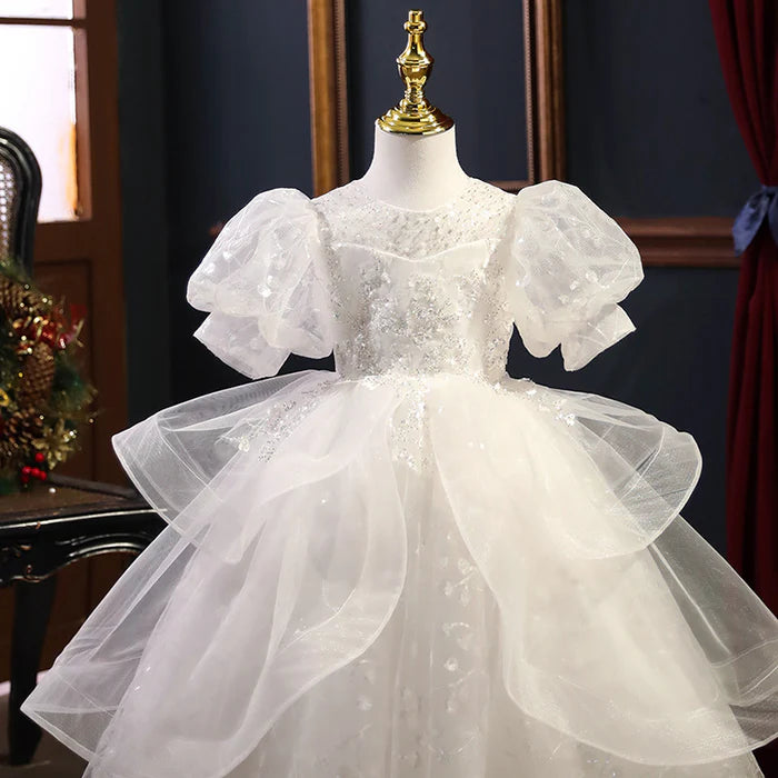 FIRST COMMUNION DRESS GIRLS BIRTHDAY PARTY DRESS WHITE ELEGANT SEQUIN FORMAL PRINCESS DRESS