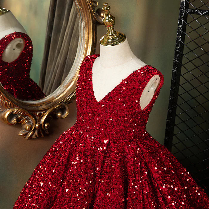 GIRL CHRISTMAS DRESS LUXURY RED SLEEVELESS TRAILING SEQUINS FLUFFY PRINCESS COMMUNION DRESS