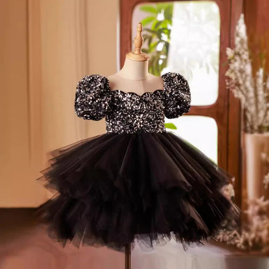 GIRLS TUTU BLACK SEQUIN PRINCESS DRESS CHILDREN'S SHOW CHRISTMAS DRESS