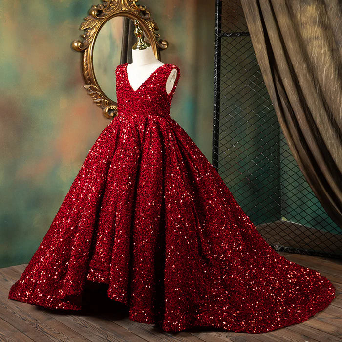 GIRL CHRISTMAS DRESS LUXURY RED SLEEVELESS TRAILING SEQUINS FLUFFY PRINCESS COMMUNION DRESS