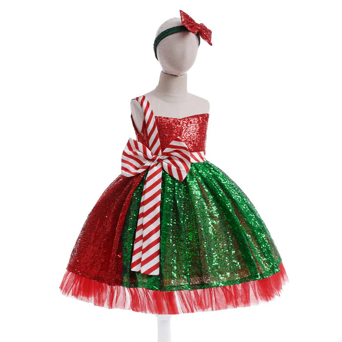 STRIPED BOW CHRISTMAS DRESS BABY GIRL CHRISTMAS DRESS SEQUINED CHRISTMAS DRESS