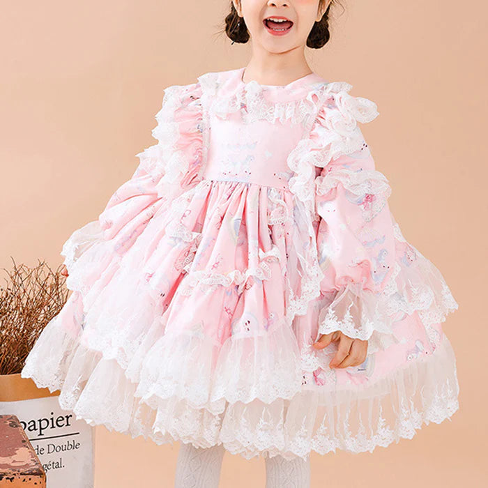 BABY GIRL PINK LONG SLEEVE LOLITA LACE DRESSES GIRL PRINCESS PARTY DRESSES