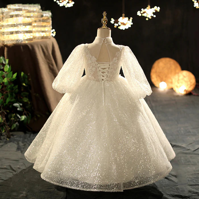 FIRST COMMUNION DRESS GIRL LONG SLEEVE SEQUIN FLOWER GIRL DRESS PAGEANT PRINCESS DRESS