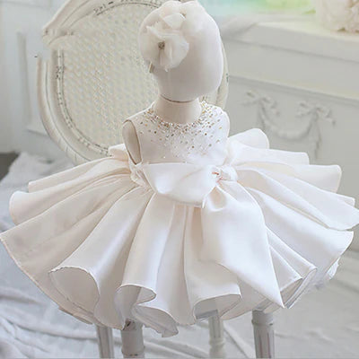 FIRST COMMUNION DRESS BABY GIRL FORMAL PRINCESS DRESS TODDLER BOW BEADED PUFFY FLOWER GIRL DRESS BIRTHDAY DRESS