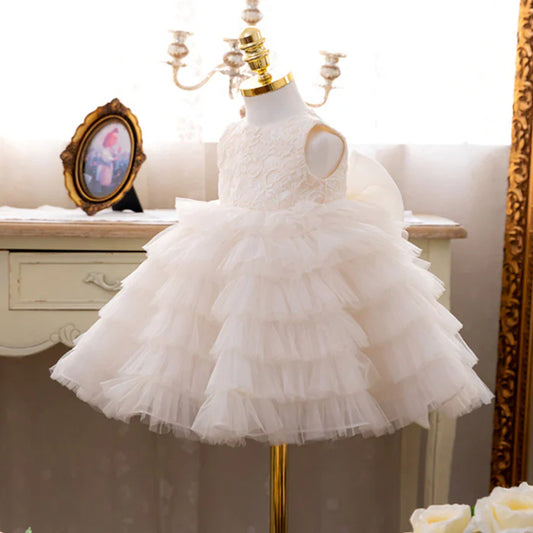 BAPTISM DRESSES BABY GIRL FORMAL PRINCESS DRESS GIRL BOW PUFFY WHITE FLOWER GIRL DRESS