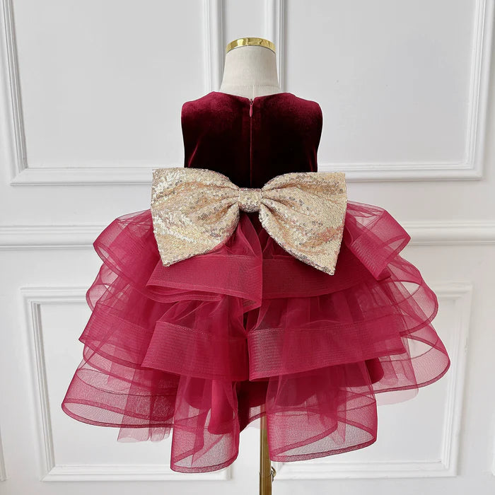 GIRLS WINE RED VELVET DRESS LUXURY CAKE DRESS TODDLER BIRTHDAY DRESS