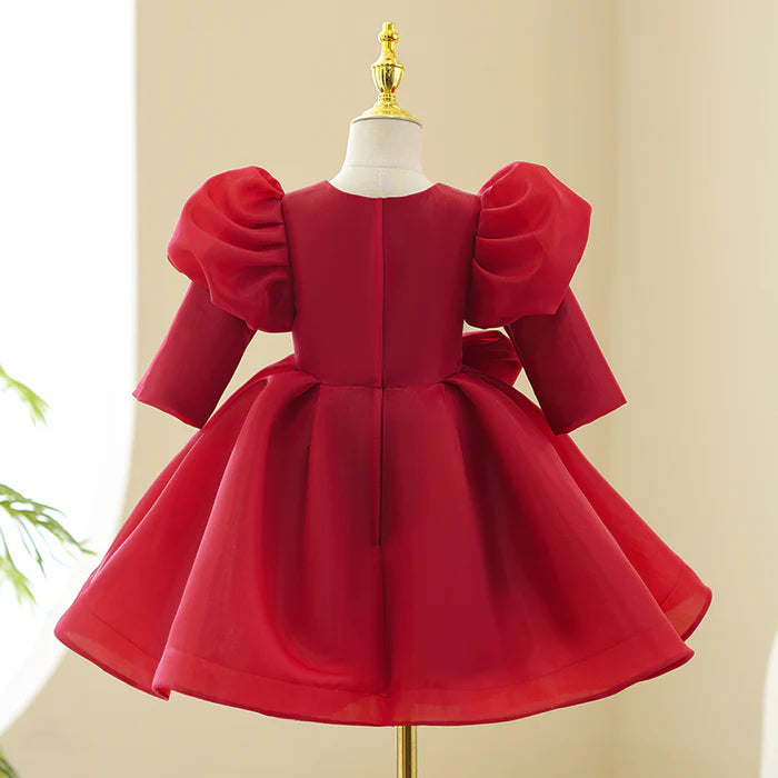 GIRL CHRISTMAS DRESS TODDLER PROM DRESS GIRL PRINCESS DRESS RED LONG SLEEVE BOW PUFFY PARTY DRESS