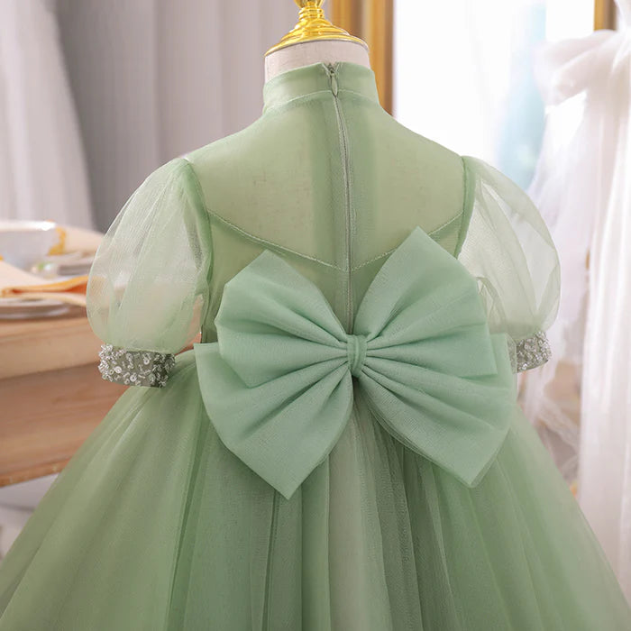 BABY GIRL SUMMER GREEN BOW PUFFY GIRL DRESS PRINCESS PARTY DRESS