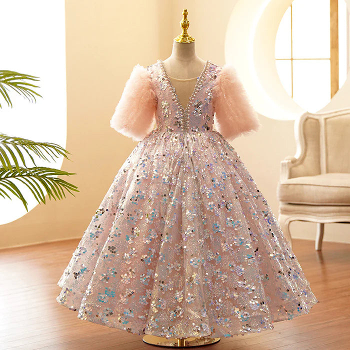 TODDLER FIRST COMMUNION DRESS GIRLS PLUSH SLEEVES PINK SEQUIN FLUFFY PRINCESS DRESS