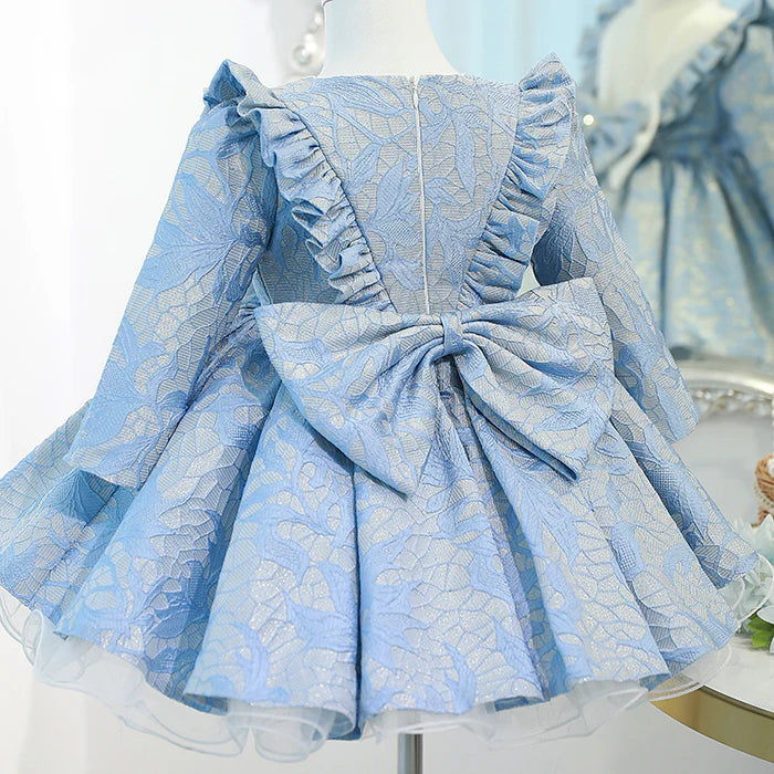 BABY GIRL PRINCESS DRESS GIRL BLUE LONG SLEEVE BOW KNOT FLUFFY FORMAL DRESSES