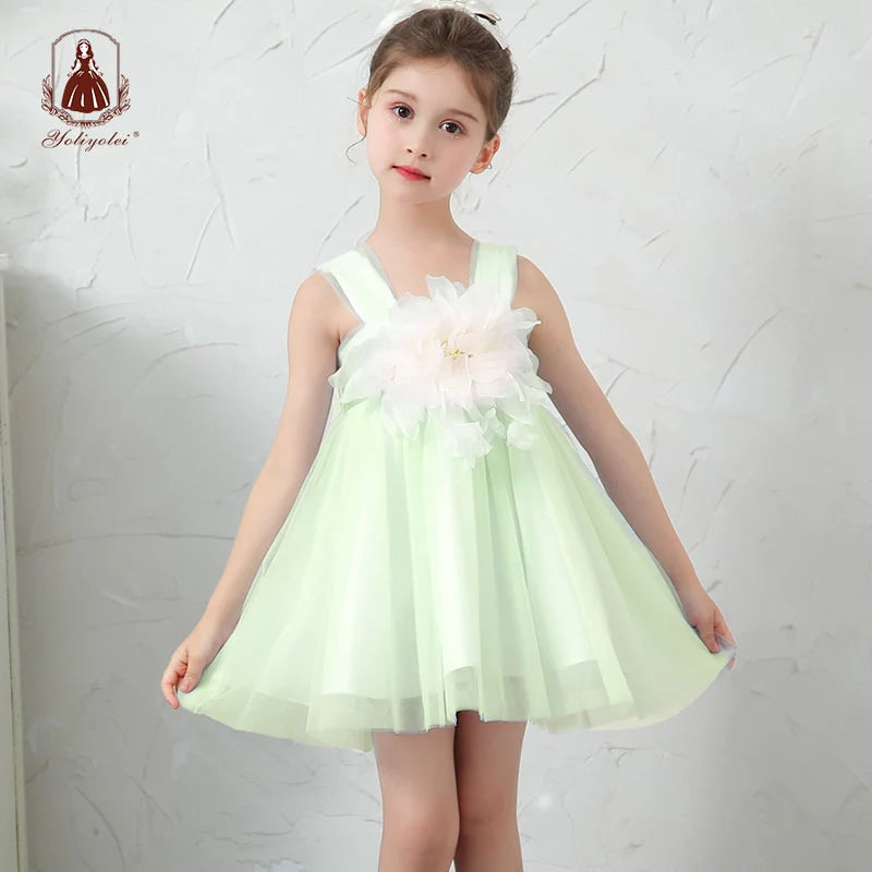 New Summer Fashion Sweet Girls Sleeveless Tulle Sling Princess Dress Flower Design Elegant Party Girl Dress