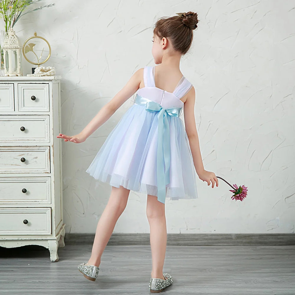 New Summer Fashion Sweet Girls Sleeveless Tulle Sling Princess Dress Flower Design Elegant Party Girl Dress