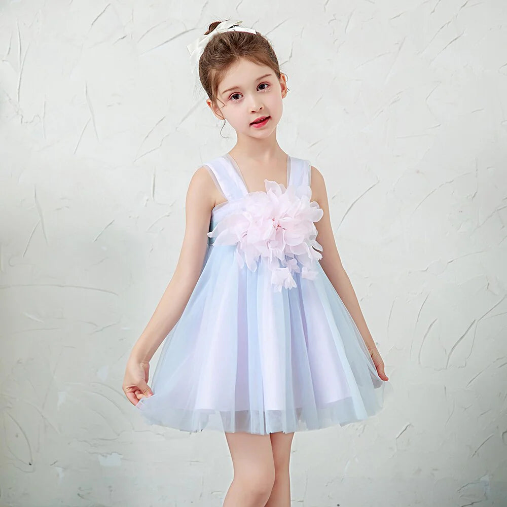 New Summer Fashion Sweet Girls Sleeveless Tulle Sling Princess Dress Flower Design Elegant Party Girl Dress