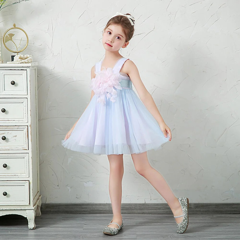 New Summer Fashion Sweet Girls Sleeveless Tulle Sling Princess Dress Flower Design Elegant Party Girl Dress