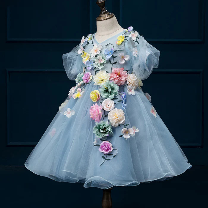 FLOWER GIRL DRESS BABY GIRL BLUE CUTE PRINCESS PARTY DRESS TODDLER BALL GOWNS