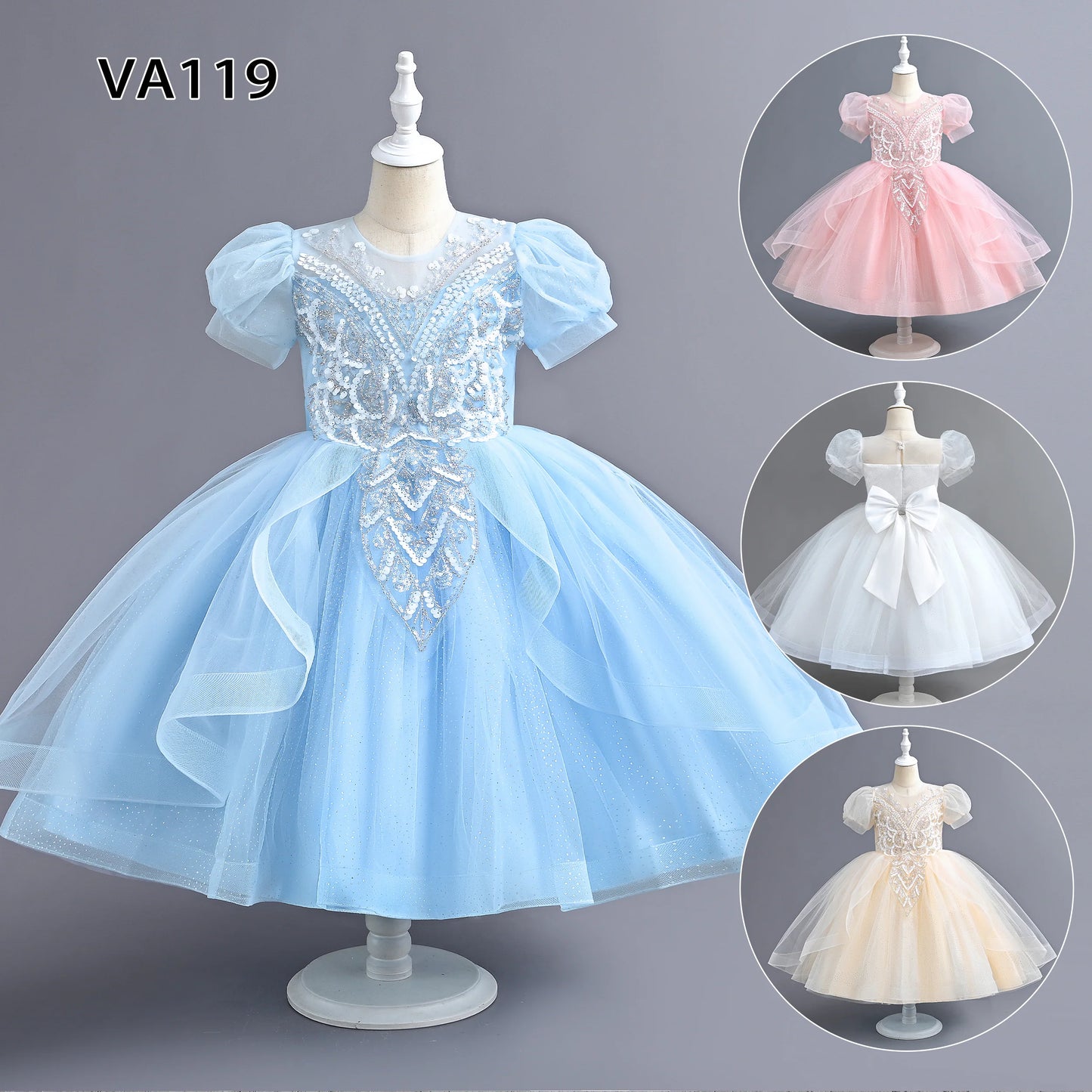 Summer 110-160 Girls Sequined Tulle Mesh Princess Dress Kids Cute Puff Sleeve Dresses For Girls Children Clothes