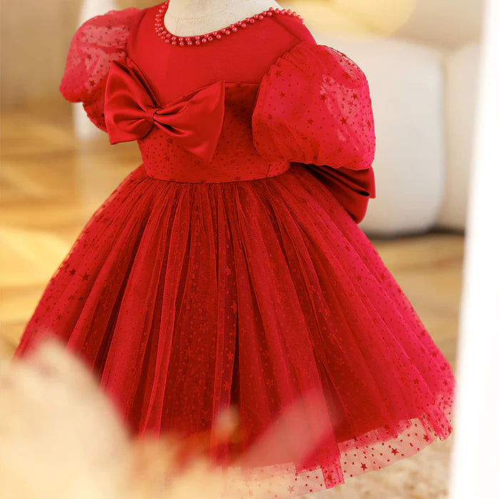 GIRL CHRISTMAS DRESS BABY GIRL DRESS TODDLER PROM SUMMER RED STAR PUFF SLEEVE BOW PRINCESS PARTY DRESS