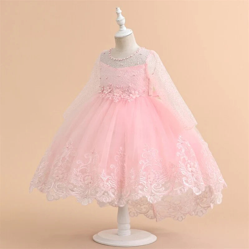 3 To 9 Years Long Sleeve Lace Princess Dress For Girl Birthday Party Tail Children's Dresses Girl 3 To 9 Years With Pearls Applique