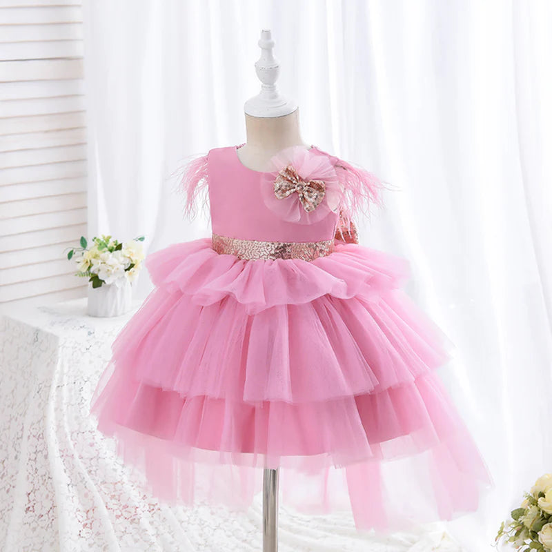 6-24-Months 1-5years New Girls Dress Sequins Layered Tulle V-Back Design With Headband Tutu Skirt Wedding Flower Girl Dress