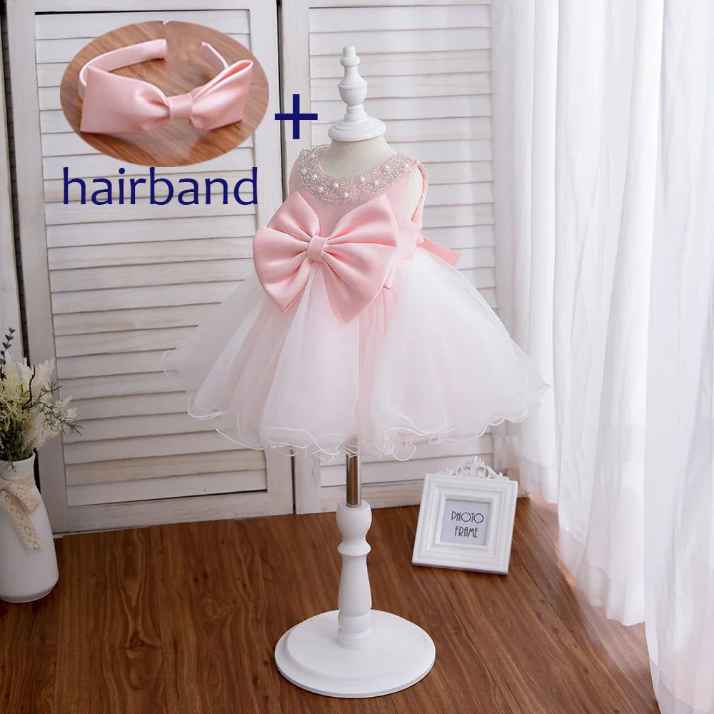 6 To 24 Month European Style Newborn Baby Beading Dress Polyester Kid Children Princess Girl Dress With Big Bow