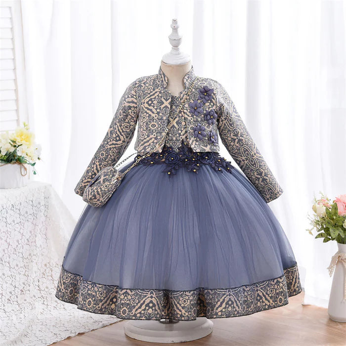 TODDLER GIRL BIRTHDAY PARTY DRESS TWO-PIECE PUFFY LONG-SLEEVED PRINCESS DRESS