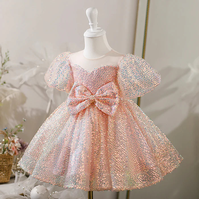 BABY GIRL DRESS TODDLER PROM PUFF SLEEVES BOW SEQUINS BIRTHDAY CAKE PRINCESS DRESS