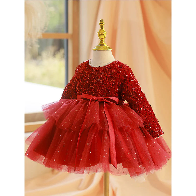 GIRL CHRISTMAS DRESS BABY GIRL DRESS TODDLER PROM DRESS PRINCESS RED SEQUIN LONG SLEEVE PUFFY DRESS