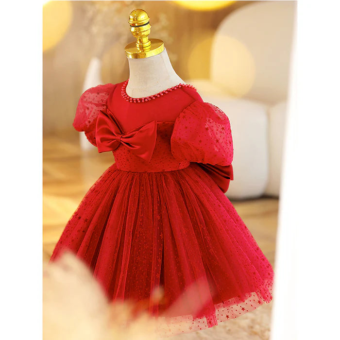 GIRL CHRISTMAS DRESS BABY GIRL DRESS TODDLER PROM SUMMER RED STAR PUFF SLEEVE BOW PRINCESS PARTY DRESS