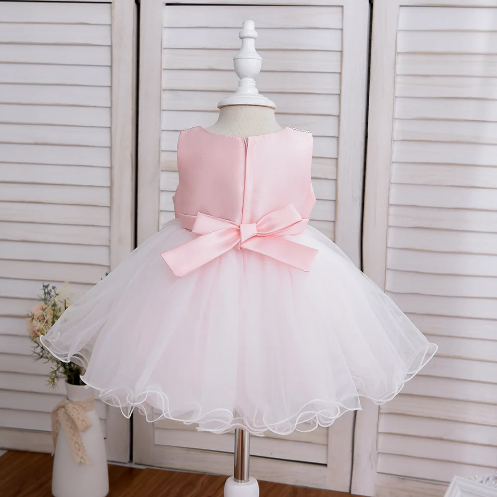 6 To 24 Month European Style Newborn Baby Beading Dress Polyester Kid Children Princess Girl Dress With Big Bow