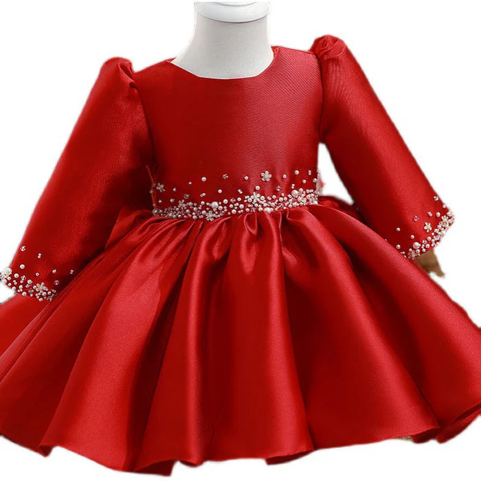 GIRL CHRISTMAS DRESS BABY GIRL WINTER RED BEAD PUFFY BIRTHDAY PARTY DRESSES