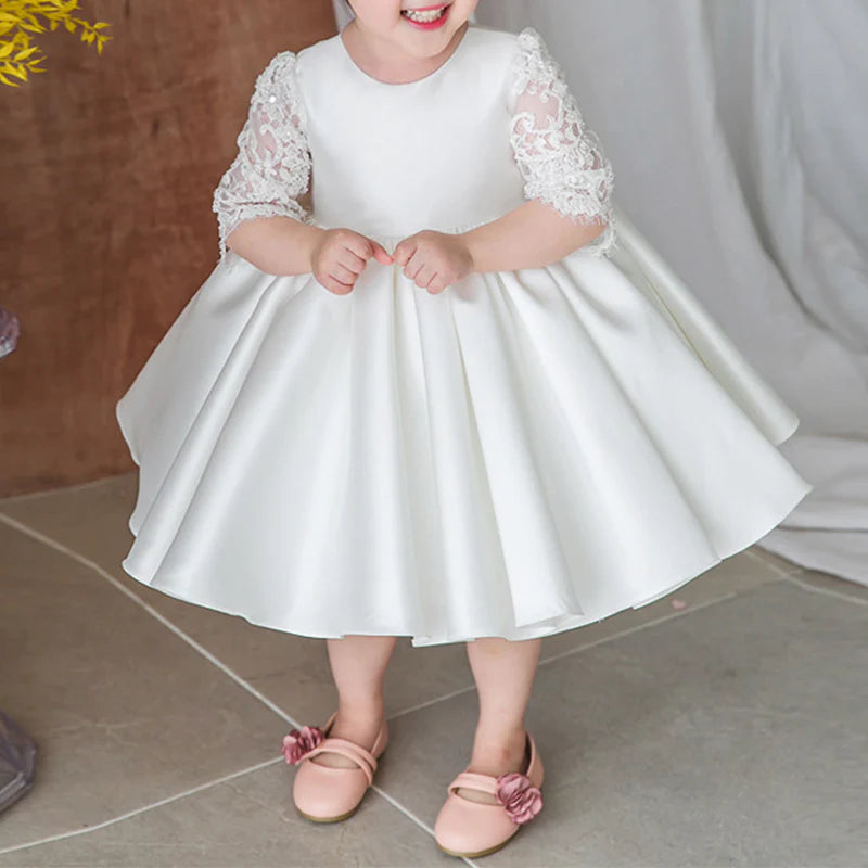 BABY GIRL AND TODDLER WHITE LACE SLEEVE PUFFED CHRISTENING DRESS