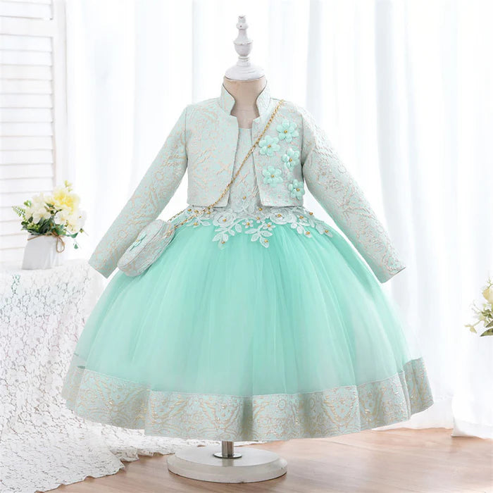 TODDLER GIRL BIRTHDAY PARTY DRESS TWO-PIECE PUFFY LONG-SLEEVED PRINCESS DRESS