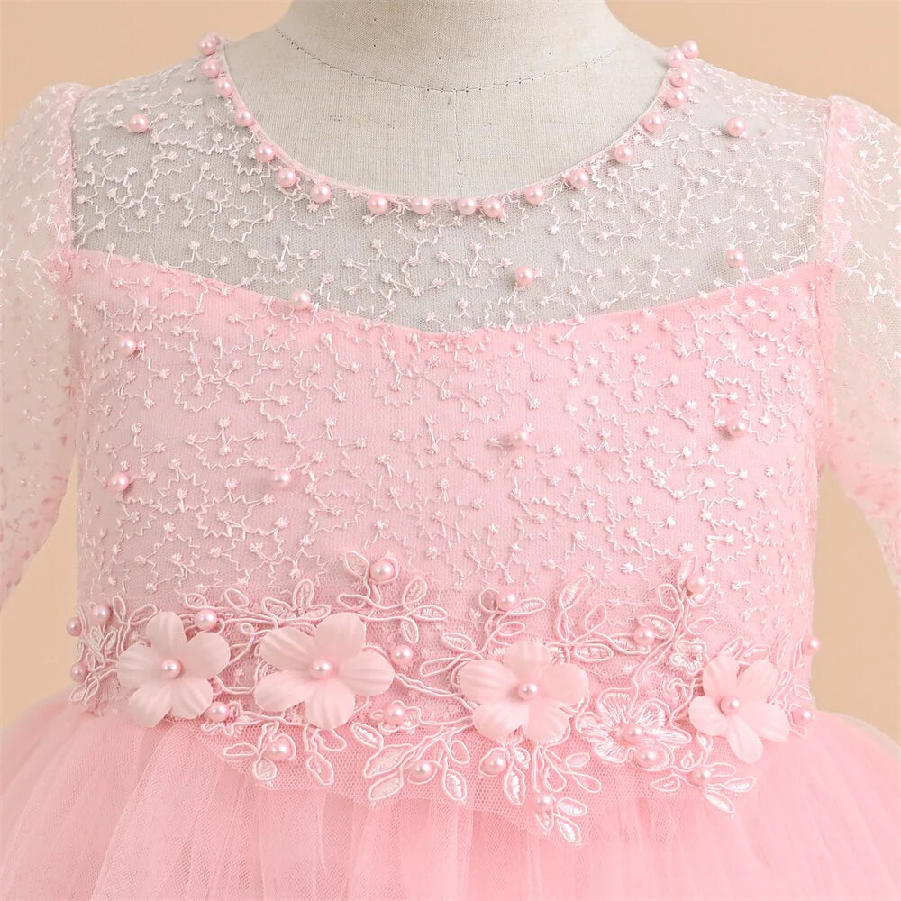 3 To 9 Years Long Sleeve Lace Princess Dress For Girl Birthday Party Tail Children's Dresses Girl 3 To 9 Years With Pearls Applique