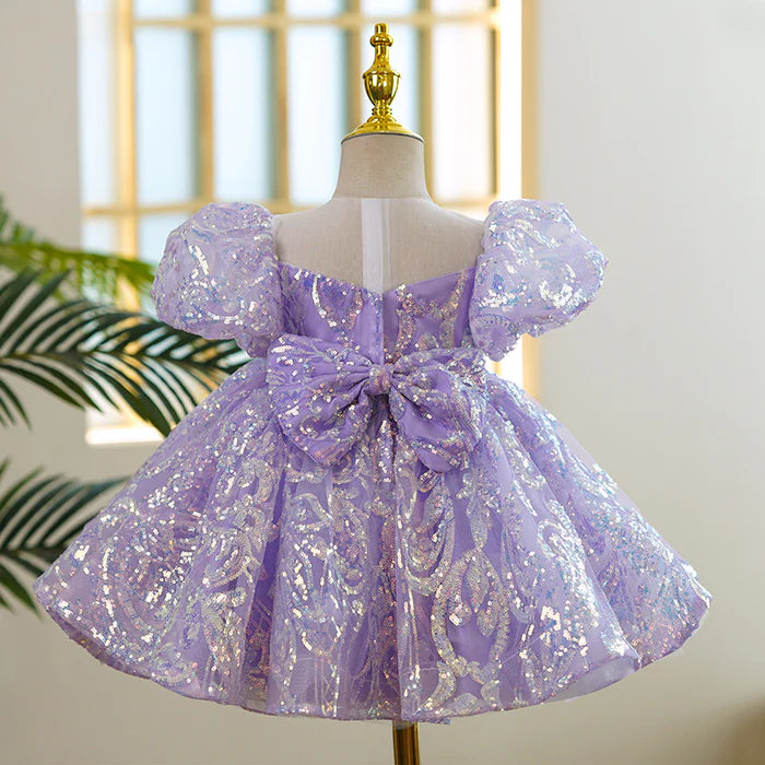 BABY GIRL FORMAL PRINCESS DRESS TODDLER PURPLE SEQUIN PUFF SLEEVE BIRTHDAY DRESS  (1)