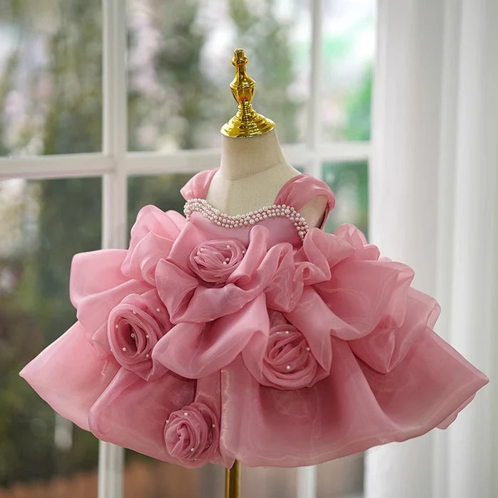 ELEGANT BABY GIRLS PINK FLOWER GIRL ONE-YEAR-OLD PRINCESS TODDLER BEAUTY PAGEANT DRESS