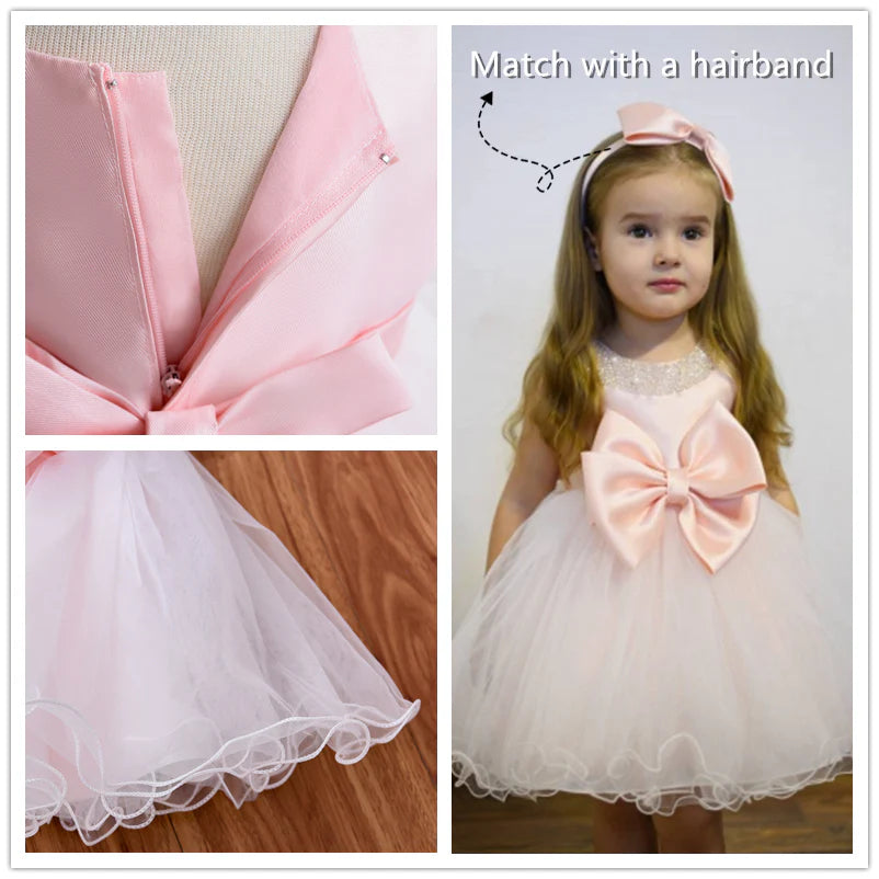 6 To 24 Month European Style Newborn Baby Beading Dress Polyester Kid Children Princess Girl Dress With Big Bow