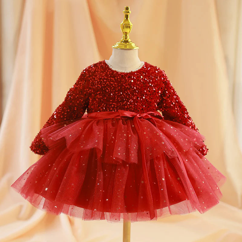 GIRL CHRISTMAS DRESS BABY GIRL DRESS TODDLER PROM DRESS PRINCESS RED SEQUIN LONG SLEEVE PUFFY DRESS