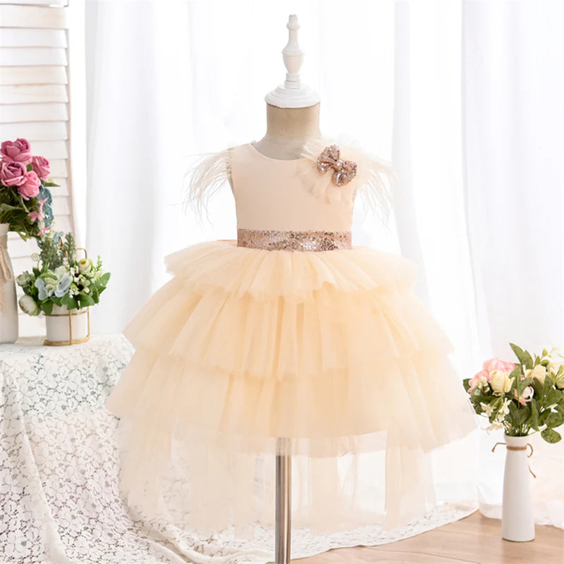 6-24-Months 1-5years New Girls Dress Sequins Layered Tulle V-Back Design With Headband Tutu Skirt Wedding Flower Girl Dress