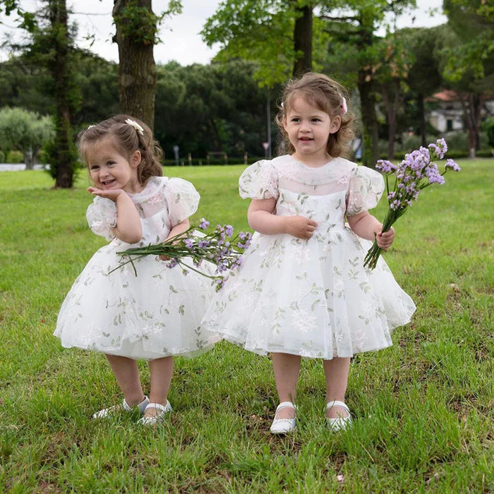 TODDLER GIRL BIRTHDAY PARTY DRESS WHITE PUFFY SLEEVES FLOWER GIRL DRESS PRINCESS DRESS