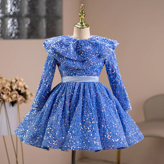 GIRL BIRTHDAY PARTY DRESS BABY GIRL PAGEANT BLUE LONG SLEEVE SEQUIN PUFFY PRINCESS DRESS