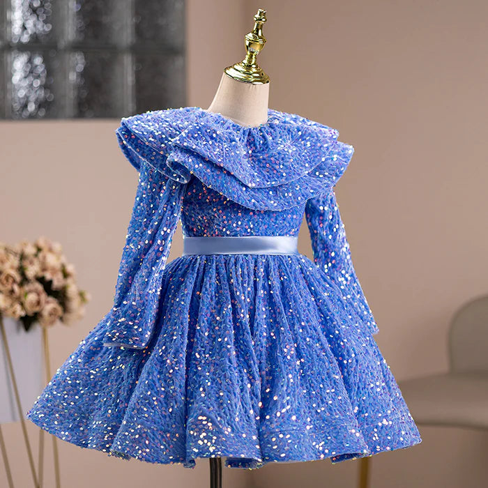 GIRL BIRTHDAY PARTY DRESS BABY GIRL PAGEANT BLUE LONG SLEEVE SEQUIN PUFFY PRINCESS DRESS