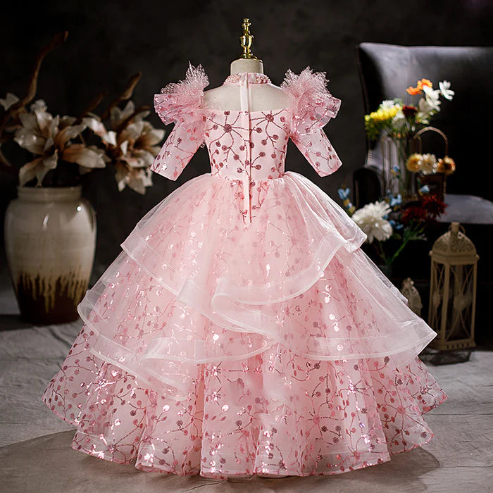 FLOWER GIRL DRESS CHILDREN EASTER COMMUNION DRESS SUMMER PINK SEQUINS PRINCESS DRESS