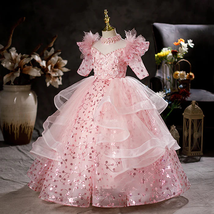 FLOWER GIRL DRESS CHILDREN EASTER COMMUNION DRESS SUMMER PINK SEQUINS PRINCESS DRESS