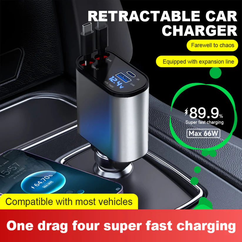 Retractable Car Charger 4 in 1, Fast Car Phone Charger with Cord 2.6ft, USB C and Apple Car Charger Adapter, Compatible with iPhone 15/15 Pro Max/14/13/12/11, Galaxy, Pixel